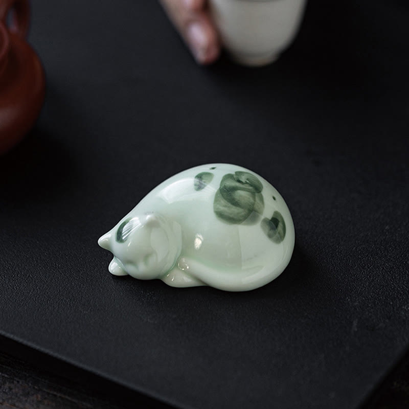 Figurine en céramique représentant un chat endormi, un mini chat tacheté, porte-bonheur , décoration - image 19