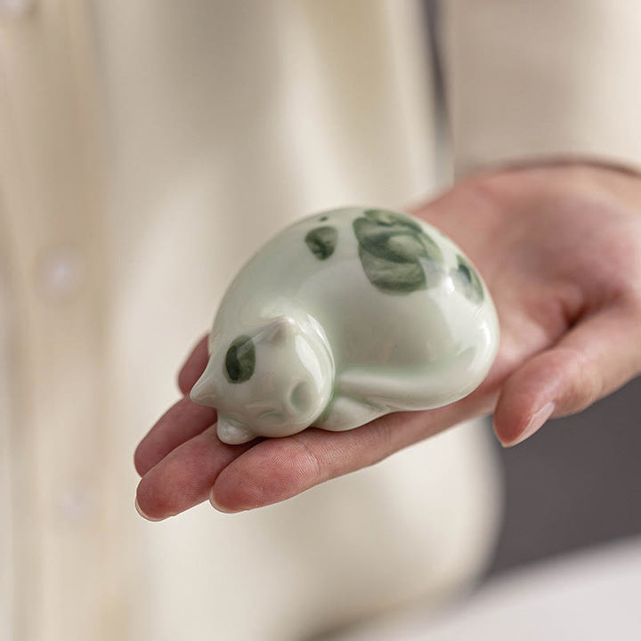 Figurine en céramique représentant un chat endormi, un mini chat tacheté, porte-bonheur , décoration - image 19
