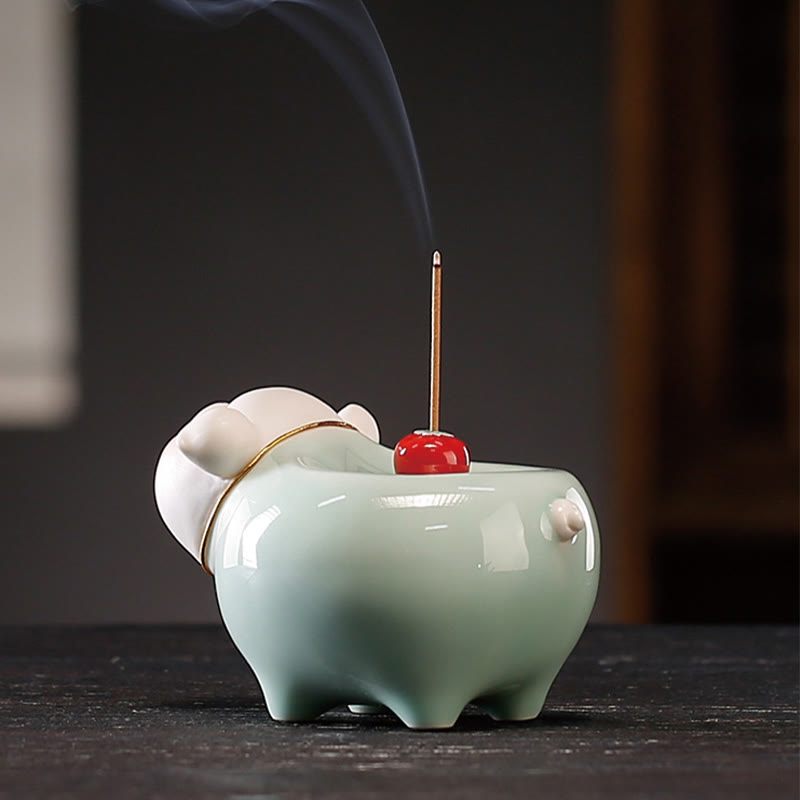 Brûleur d'encens en céramique Buddha Stones Petit Cochon Bénédiction