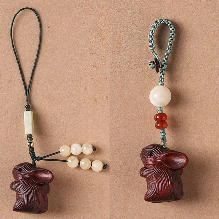 Buddha Stones en bois de santal, petite feuille, bois de santal rouge, mini lapin porte-bonheur, protection, décoration à suspendre pour téléphone
