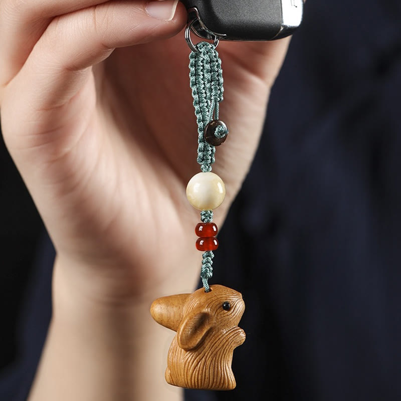 Buddha Stones en bois de santal, petite feuille, bois de santal rouge, mini lapin porte-bonheur, protection, décoration à suspendre pour téléphone