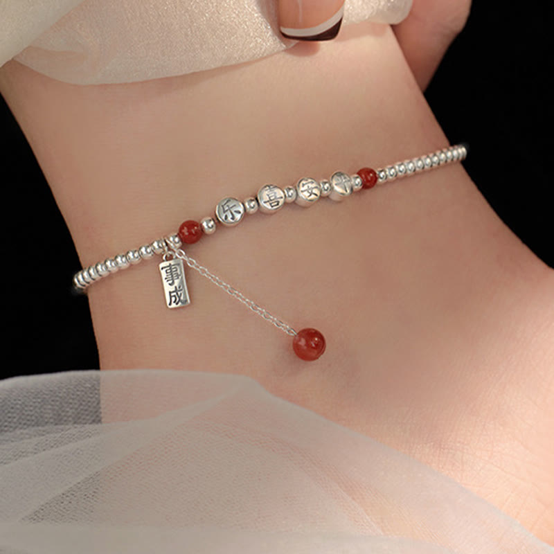 Bracelet de cheville en argent sterling 925 avec petites perles d'agate rouge et pierres de Buddha Stones , symbole de paix et de joie
