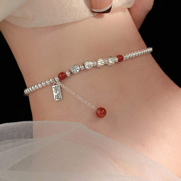 Bracelet de cheville en argent sterling 925 avec petites perles d'agate rouge et pierres de Buddha Stones , symbole de paix et de joie