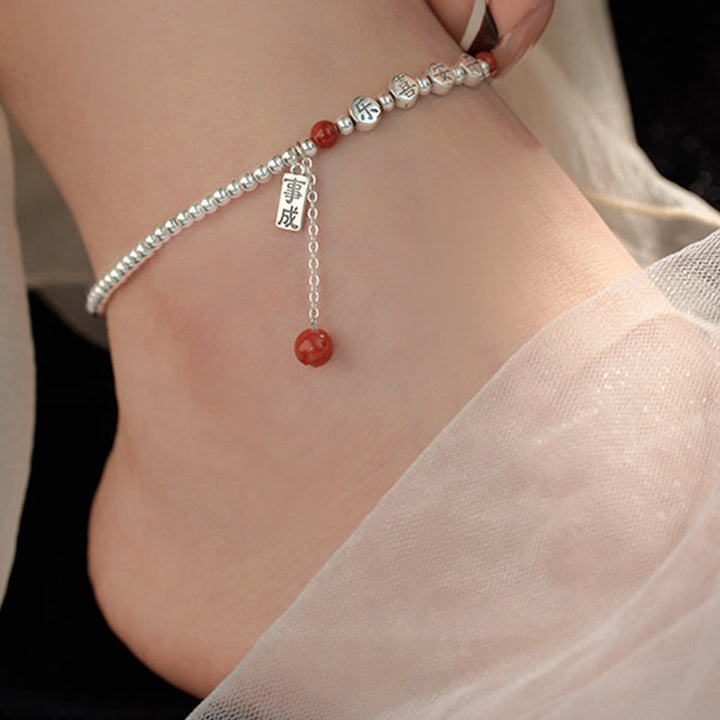 Bracelet de cheville en argent sterling 925 avec petites perles d'agate rouge et pierres de Buddha Stones , symbole de paix et de joie