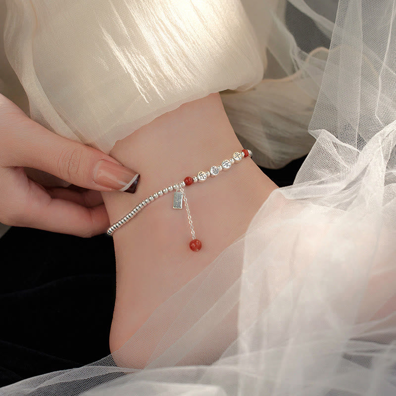 Bracelet de cheville en argent sterling 925 avec petites perles d'agate rouge et pierres de Buddha Stones , symbole de paix et de joie - image 8