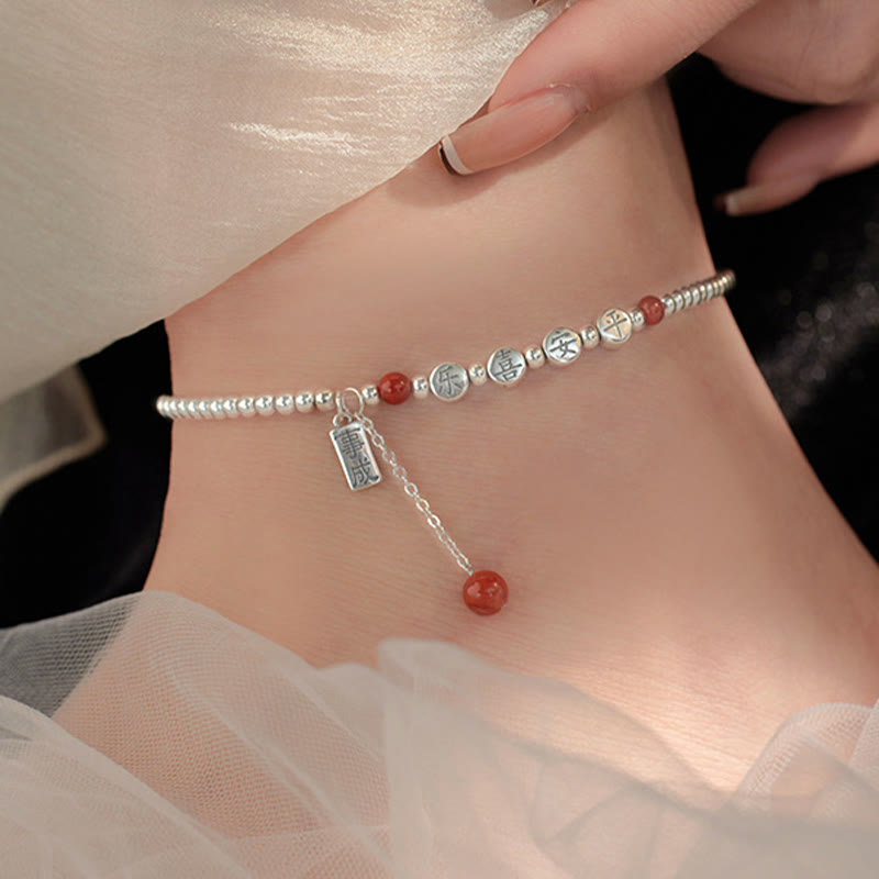 Bracelet de cheville en argent sterling 925 avec petites perles d'agate rouge et pierres de Buddha Stones , symbole de paix et de joie