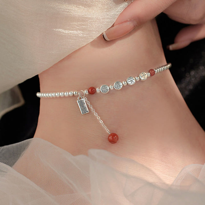 Bracelet de cheville en argent sterling 925 avec petites perles d'agate rouge et pierres de Buddha Stones , symbole de paix et de joie