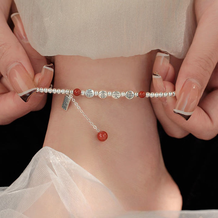 Bracelet de cheville en argent sterling 925 avec petites perles d'agate rouge et pierres de Buddha Stones , symbole de paix et de joie - Bracelet de cheville en argent (circonférence 18-22 cm) - image 0