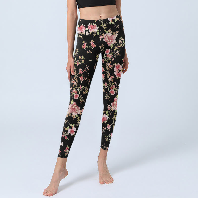 Leggings de sport à imprimé feuilles et fleurs de rose et Buddha Stones pour femmes - image 6