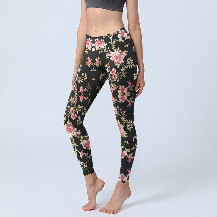 Leggings de sport à imprimé feuilles et fleurs de rose et Buddha Stones pour femmes - Noir - US18，UK/AU22，EU50 (4XL) - image 0