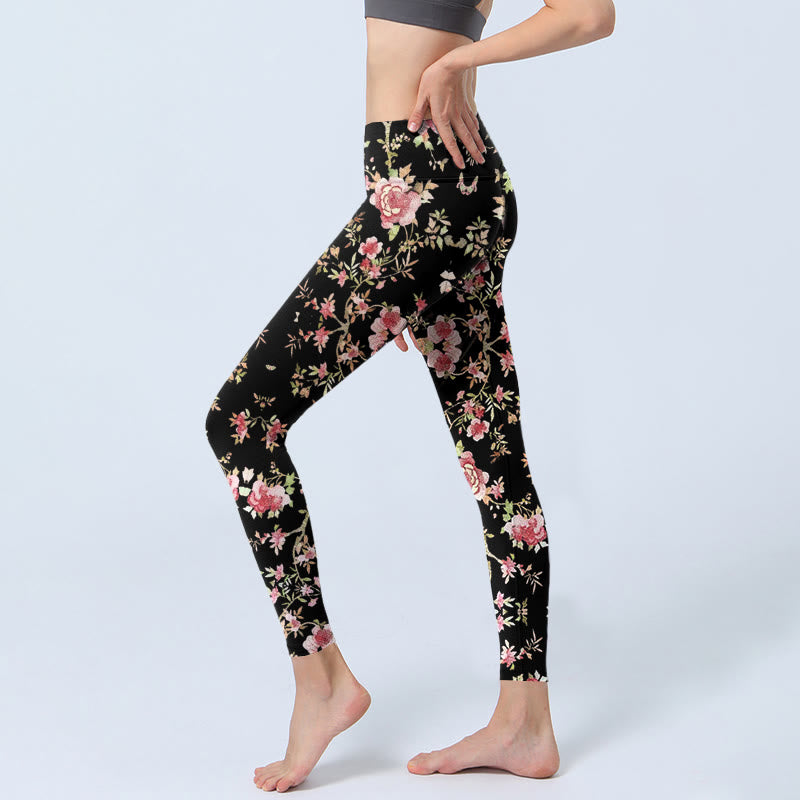 Leggings de sport à imprimé feuilles et fleurs de rose et Buddha Stones pour femmes - image 3