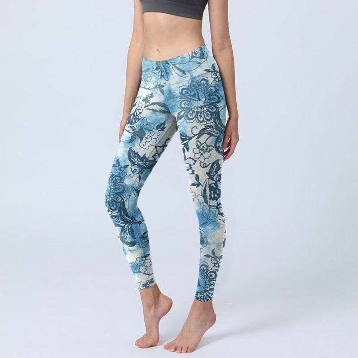 Leggings de sport à imprimé pivoine et chrysanthème Buddha Stones pour femme - DodgerBlue - US18，UK/AU22，EU50 (4XL) - image 0