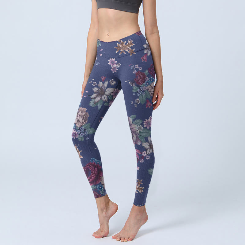 Leggings de sport à imprimé Buddha Stones, roses rouges, pivoines et chrysanthèmes, pantalons de yoga pour femmes - Bleu ardoise - US18，UK/AU22，EU50 (4XL) - image 0
