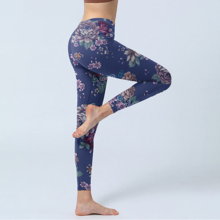 Leggings de sport à imprimé Buddha Stones, roses rouges, pivoines et chrysanthèmes, pantalons de yoga pour femmes - image 4
