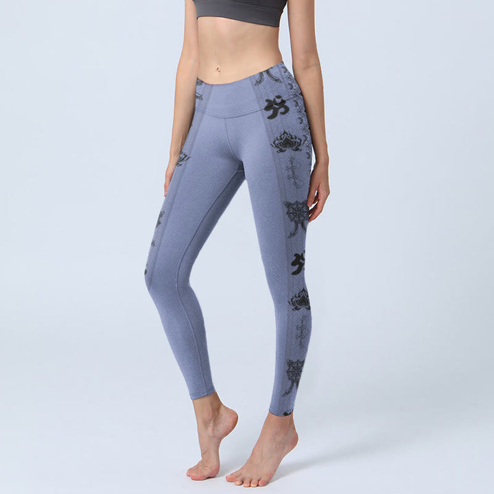 Leggings de sport imprimés Buddha Stones, coutures bleues, motif sanskrit Om Lotus, pantalon de yoga pour femme - Bleu acier - US18，UK/AU22，EU50 (4XL) - image 1