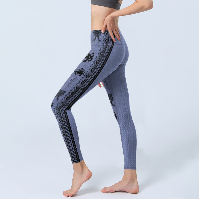 Leggings de sport imprimés Buddha Stones, coutures bleues, motif sanskrit Om Lotus, pantalon de yoga pour femme - image 3