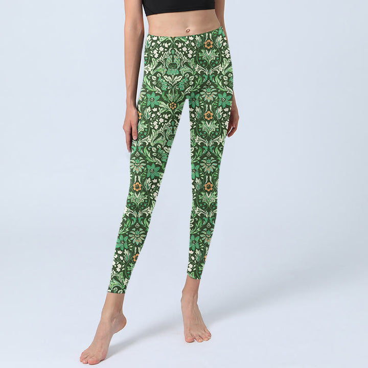 Leggings de sport pour femme, pantalon de yoga, motif de fleurs et de feuilles symétriques, coutures vertes, Buddha Stones - image 6