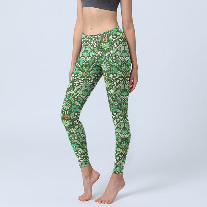 Leggings de sport pour femme, pantalon de yoga, motif de fleurs et de feuilles symétriques, coutures vertes, Buddha Stones - Vert - US18，UK/AU22，EU50 (4XL) - image 1