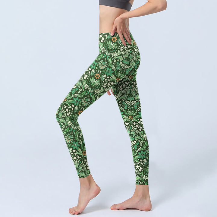 Leggings de sport pour femme, pantalon de yoga, motif de fleurs et de feuilles symétriques, coutures vertes, Buddha Stones - image 3