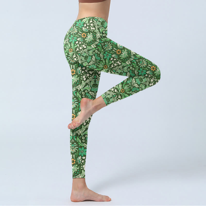 Leggings de sport pour femme, pantalon de yoga, motif de fleurs et de feuilles symétriques, coutures vertes, Buddha Stones - image 3