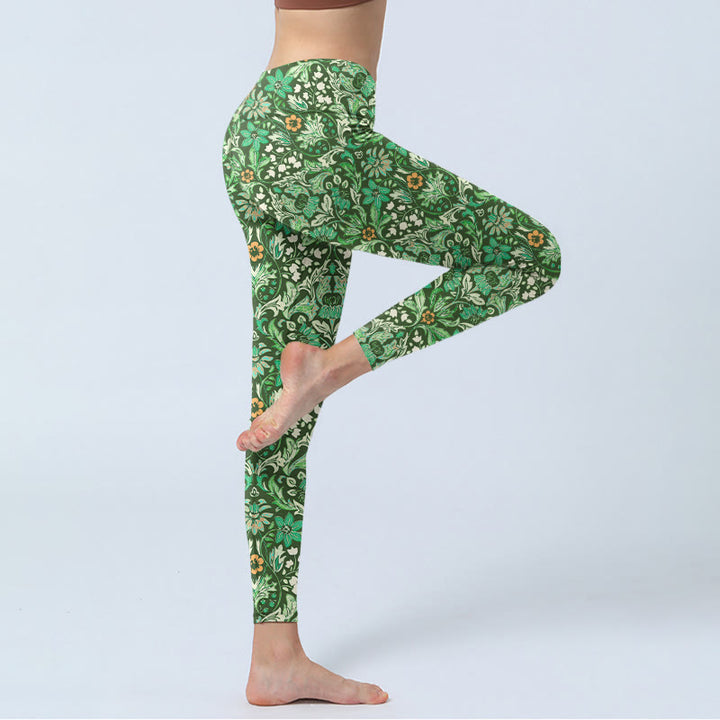 Leggings de sport pour femme, pantalon de yoga, motif de fleurs et de feuilles symétriques, coutures vertes, Buddha Stones - image 3