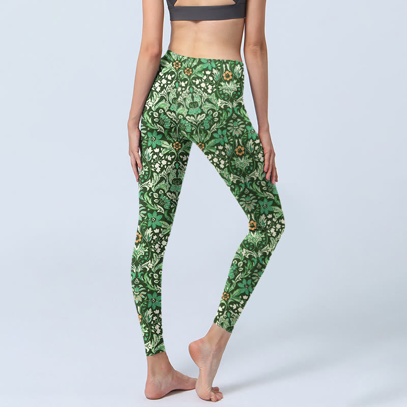 Leggings de sport pour femme, pantalon de yoga, motif de fleurs et de feuilles symétriques, coutures vertes, Buddha Stones - image 5