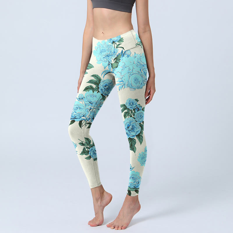 Leggings de sport à imprimé Buddha Stones, coutures blanches, fleurs de pivoine et feuilles, pantalons de yoga pour femmes - Ivoire - US18，UK/AU22，EU50 (4XL) - image 1