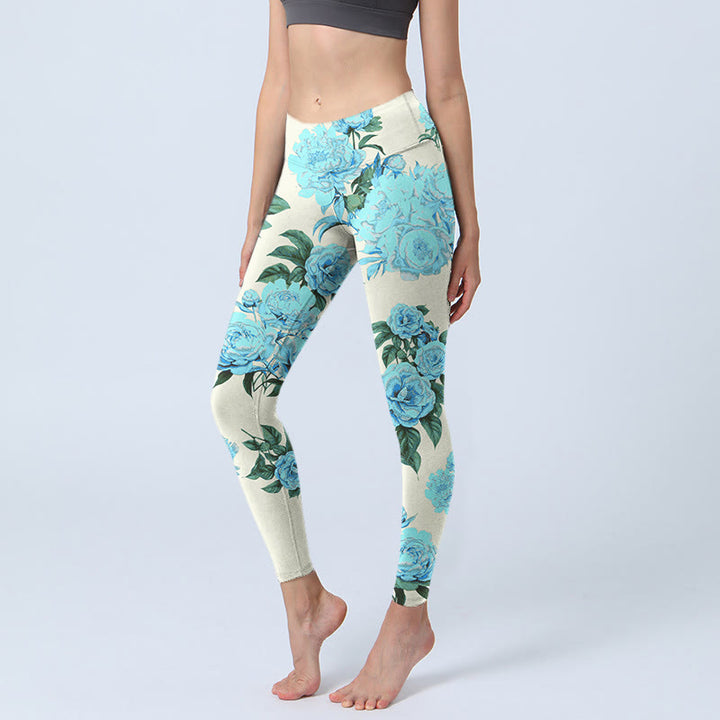 Leggings de sport à imprimé Buddha Stones, coutures blanches, fleurs de pivoine et feuilles, pantalons de yoga pour femmes - Ivoire - US18，UK/AU22，EU50 (4XL) - image 1