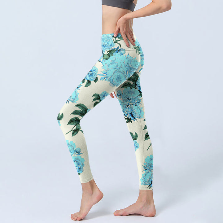 Leggings de sport à imprimé Buddha Stones, coutures blanches, fleurs de pivoine et feuilles, pantalons de yoga pour femmes - image 3