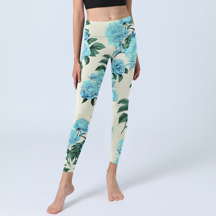 Leggings de sport à imprimé Buddha Stones, coutures blanches, fleurs de pivoine et feuilles, pantalons de yoga pour femmes - image 5
