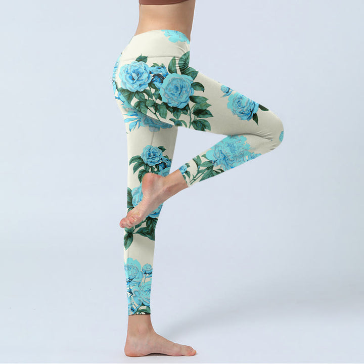 Leggings de sport à imprimé Buddha Stones, coutures blanches, fleurs de pivoine et feuilles, pantalons de yoga pour femmes - image 4