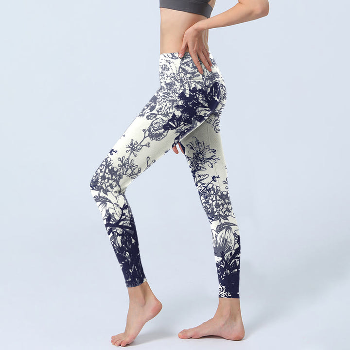 Leggings de sport imprimés Buddha Stones, coutures blanches, fleurs, feuilles, oiseaux, papillons, pantalons de yoga pour femmes - image 3