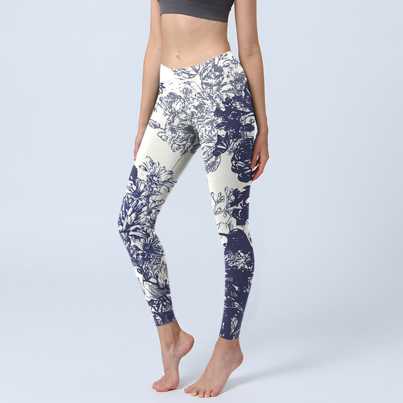 Leggings de sport imprimés Buddha Stones, coutures blanches, fleurs, feuilles, oiseaux, papillons, pantalons de yoga pour femmes - Crème à la menthe - US18，UK/AU22，EU50 (4XL) - image 0