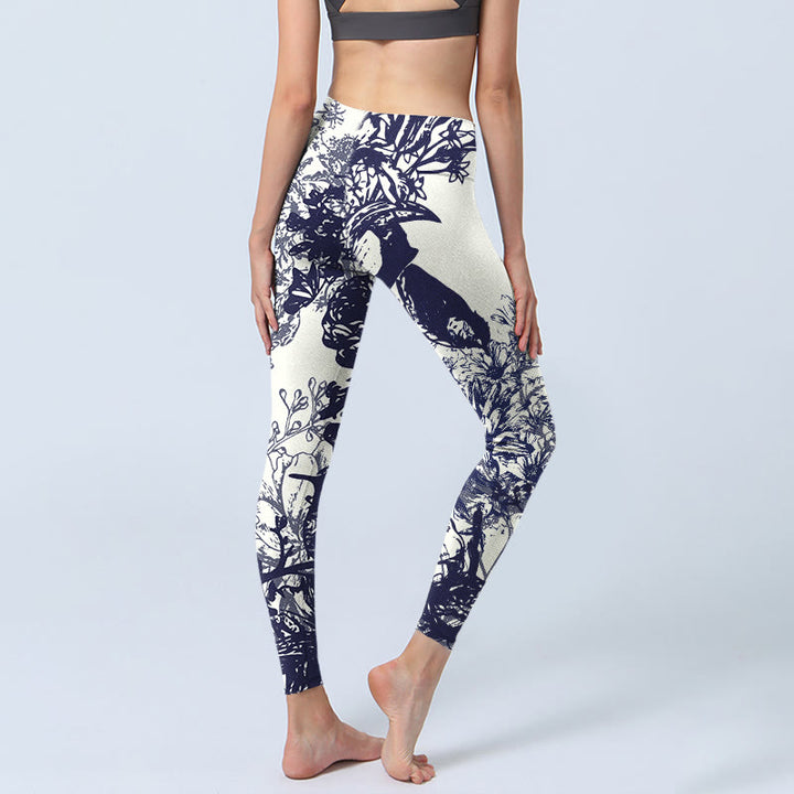 Leggings de sport imprimés Buddha Stones, coutures blanches, fleurs, feuilles, oiseaux, papillons, pantalons de yoga pour femmes - image 4