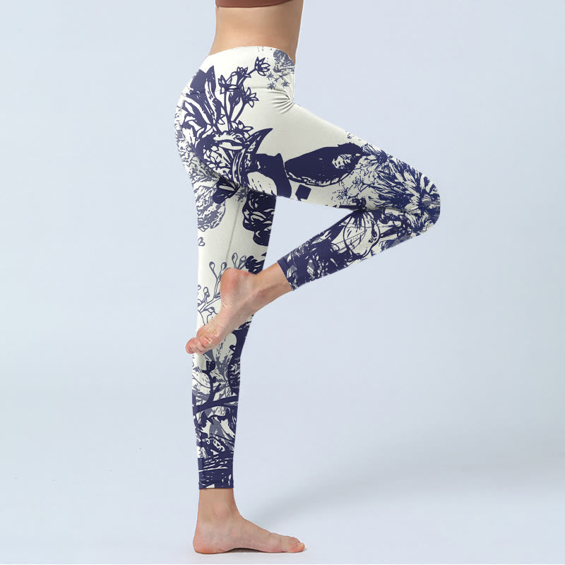Leggings de sport imprimés Buddha Stones, coutures blanches, fleurs, feuilles, oiseaux, papillons, pantalons de yoga pour femmes - image 4
