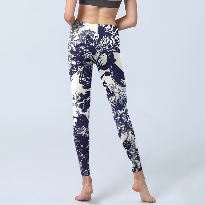 Leggings de sport imprimés Buddha Stones, coutures blanches, fleurs, feuilles, oiseaux, papillons, pantalons de yoga pour femmes - image 6