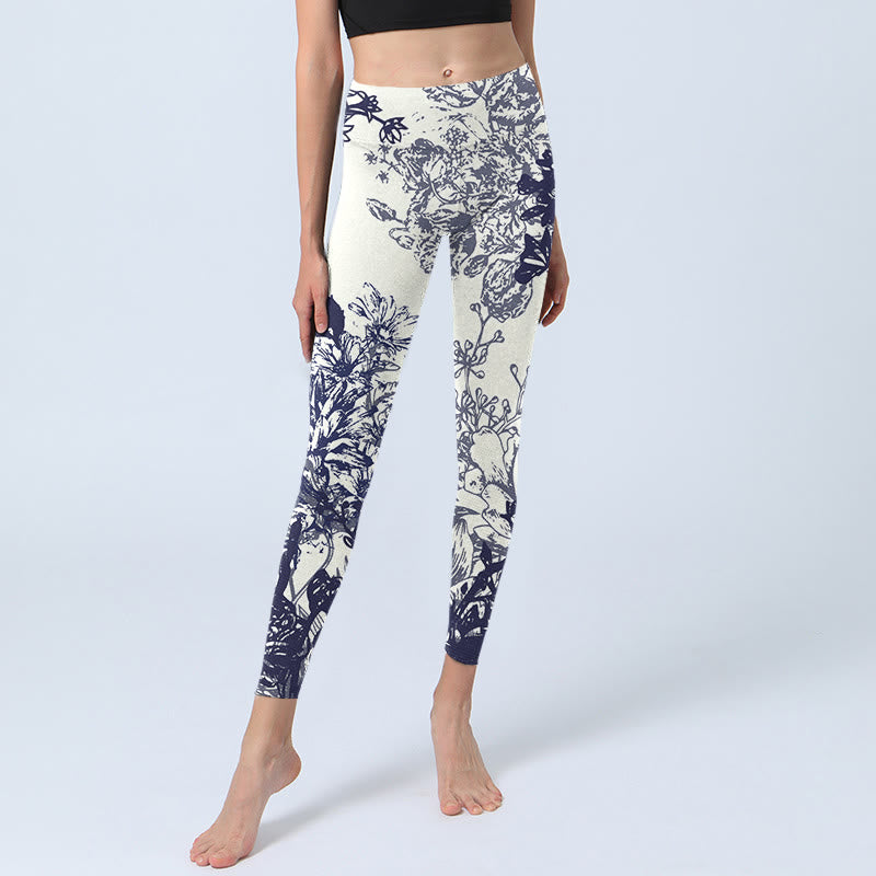 Leggings de sport imprimés Buddha Stones, coutures blanches, fleurs, feuilles, oiseaux, papillons, pantalons de yoga pour femmes - image 6