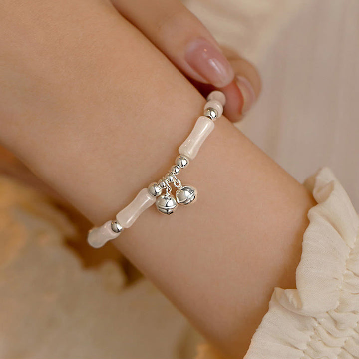 Bracelet porte-bonheur en argent sterling 925 avec breloque en forme de cloche en bambou et jade blanc naturel avec Buddha Stones
