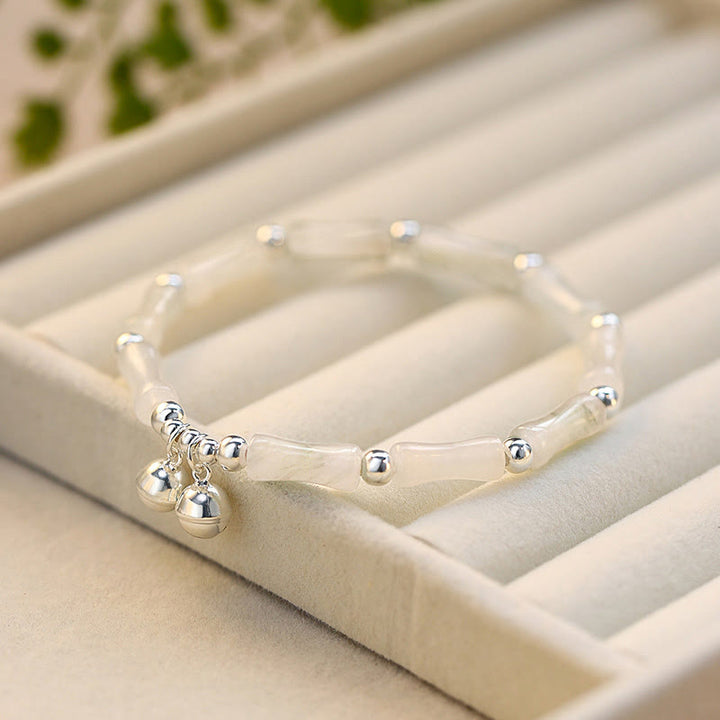 Bracelet porte-bonheur en argent sterling 925 avec breloque en forme de cloche en bambou et jade blanc naturel avec Buddha Stones