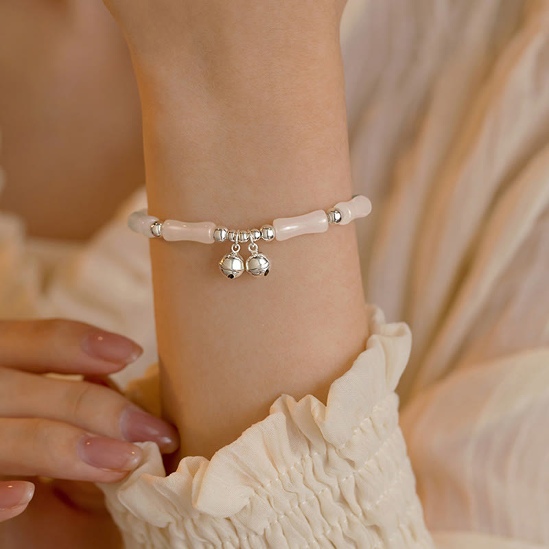 Bracelet porte-bonheur en argent sterling 925 avec breloque en forme de cloche en bambou et jade blanc naturel avec Buddha Stones
