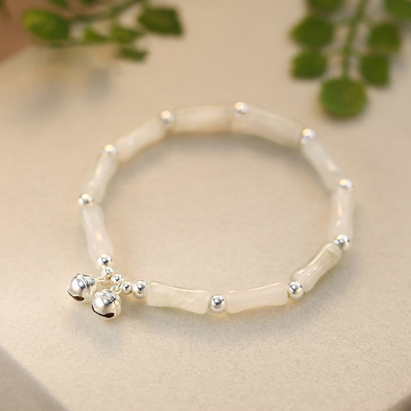 Bracelet porte-bonheur en argent sterling 925 avec breloque en forme de cloche en bambou et jade blanc naturel avec Buddha Stones