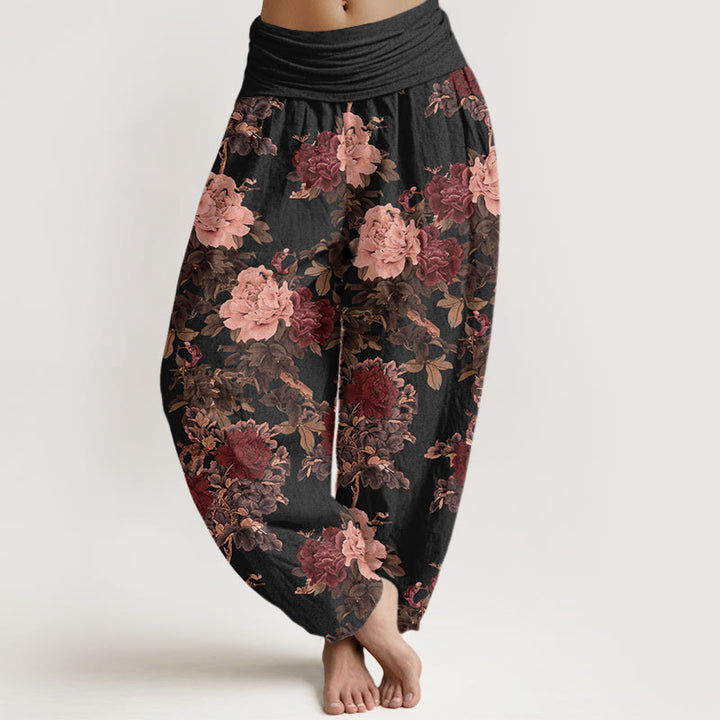 Pantalon harem femme en coton décontracté à motif pivoines et feuilles, taille élastique, orné de Buddha Stones - Noir - US22，UK/AU26，EU54 (6XL) - image 0