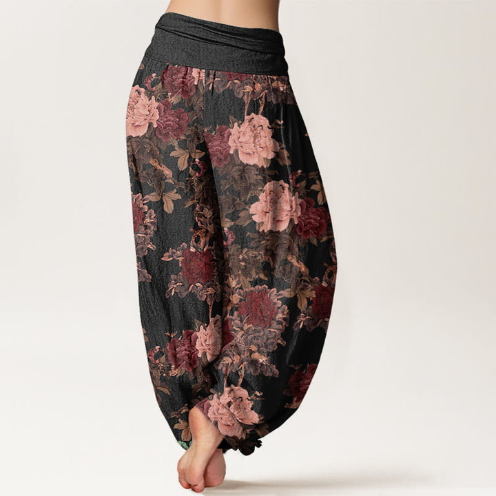Pantalon harem femme en coton décontracté à motif pivoines et feuilles, taille élastique, orné de Buddha Stones - image 2