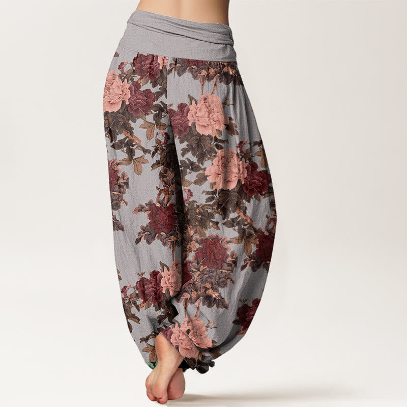 Pantalon Buddha Stones décontracté à taille élastique pour femme avec motif de pivoines luxuriantes et feuilles - image 7