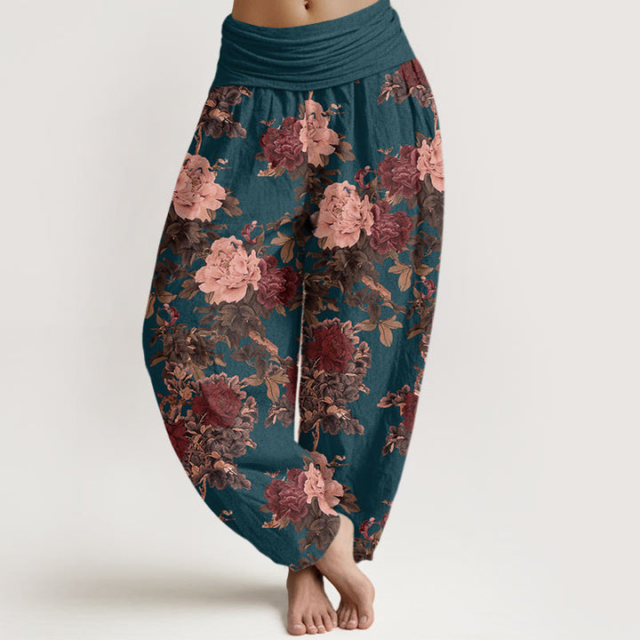 Pantalon harem femme en coton décontracté à motif pivoines et feuilles, taille élastique, orné de Buddha Stones - SteelBlue - US22，UK/AU26，EU54 (6XL) - image 7