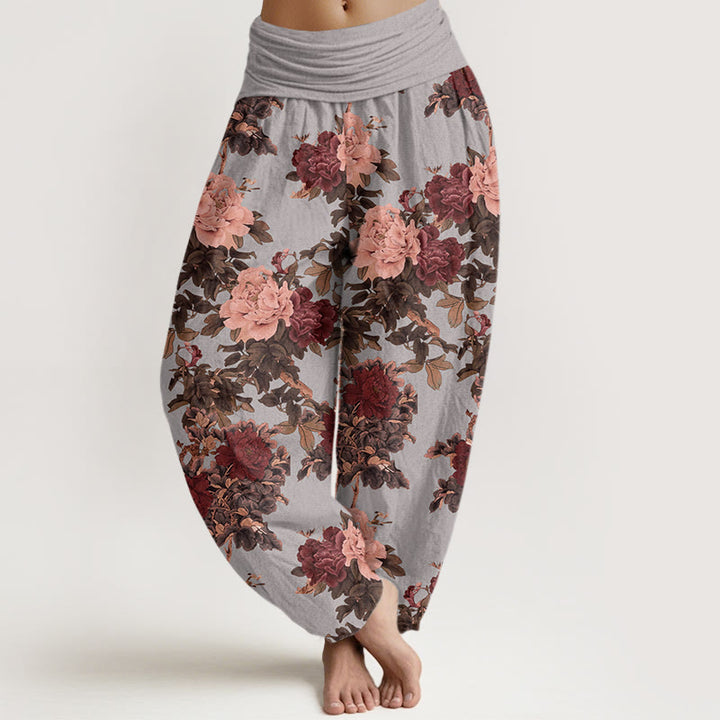 Pantalon harem femme en coton décontracté à motif pivoines et feuilles, taille élastique, orné de Buddha Stones - Bleu acier clair - US22，UK/AU26，EU54 (6XL) - image 4
