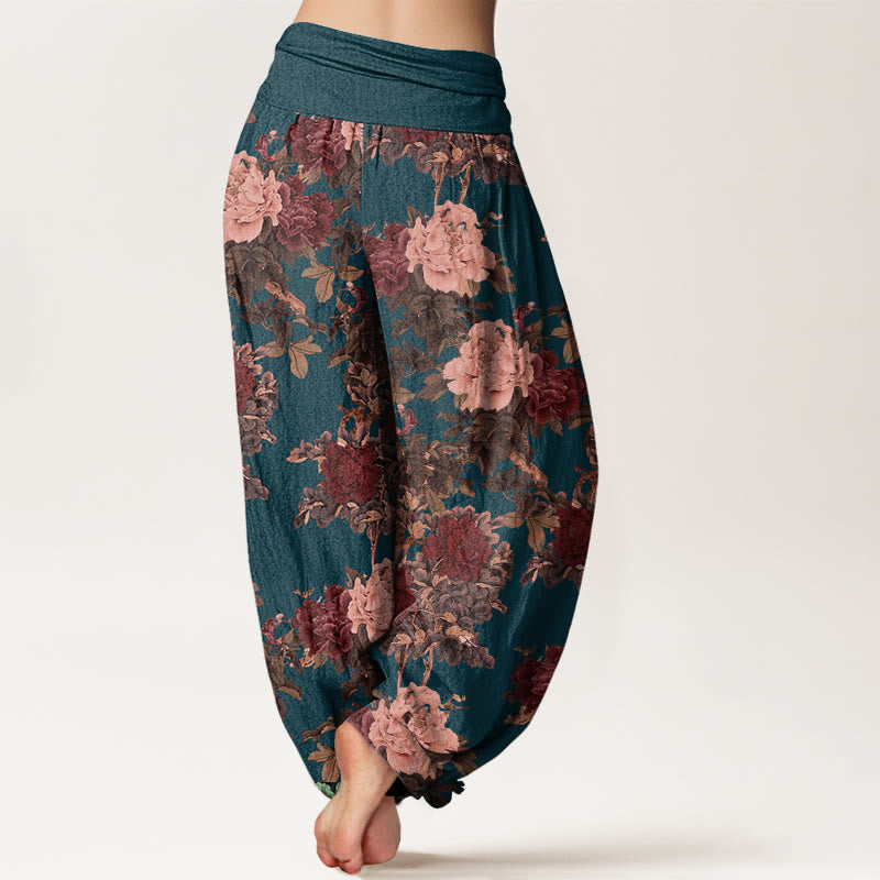 Pantalon harem femme en coton décontracté à motif pivoines et feuilles, taille élastique, orné de Buddha Stones - image 9