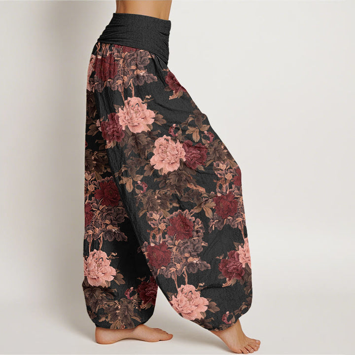 Pantalon Buddha Stones décontracté à taille élastique pour femme avec motif de pivoines luxuriantes et feuilles - image 1