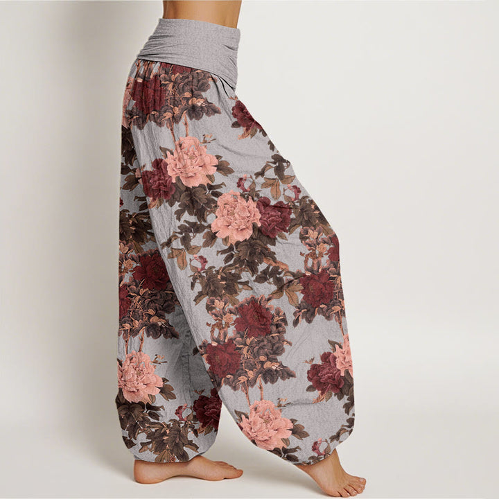 Pantalon harem femme en coton décontracté à motif pivoines et feuilles, taille élastique, orné de Buddha Stones - image 5