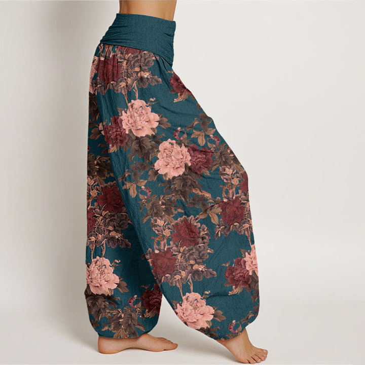 Pantalon Buddha Stones décontracté à taille élastique pour femme avec motif de pivoines luxuriantes et feuilles - image 9